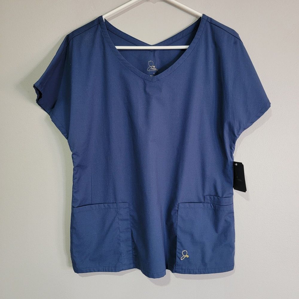 Jaanuu Women Scrub Top Navy Blue Logo Three‎ Pockets Short Sleeve Small J96001